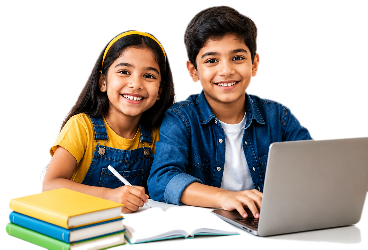 Two smiling Kerala students studying with books and a laptop
